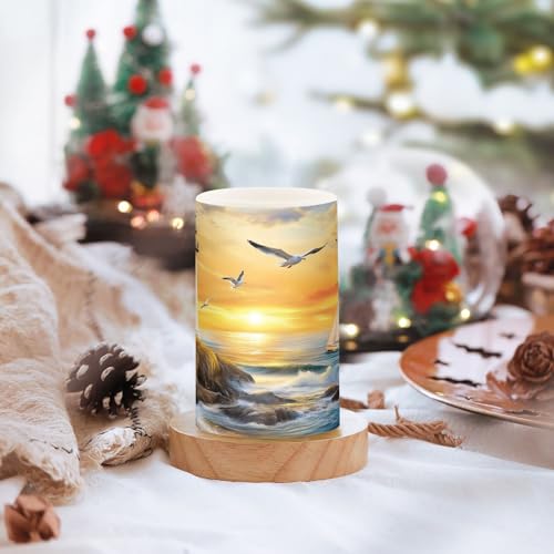 Image of Lighthouse Ocean Seagulls Sailboat Flickering Flameless Candles LED Battery Operated with Remote Timer Pillar Candles for Home Birthday Wedding Christmas Decor, Set of 2
