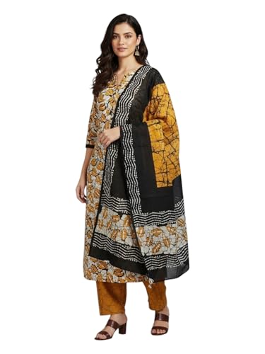 Image of Eddika women unstitched hand block printed cotton suit set with mulmul dupatta ehbpcswmd0120P