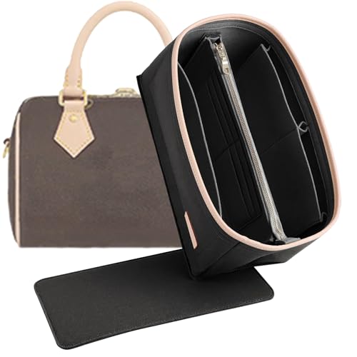 Image of Doxo Purse Organizer Insert & Base Shaper 2pc Set, Felt Handbag Bag Fit LV Speedy Neverfull (L-Black)