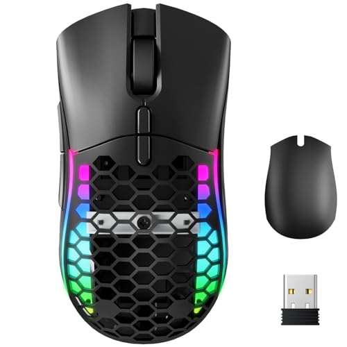 ELECGO Black Wireless Mouse, 2400 DPI Double-Mode 5.2 Bluetooth/Type-C Wired/2.4G with 2 Side Buttons, Programmable Macro Gamer Mouse with RGB Light for Laptop/PC/Mac