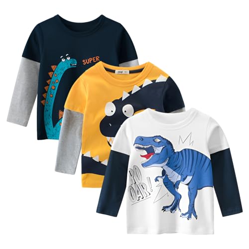 amropi Dinosaurio T-Shirt Bebé Niños Pack de 3 Camiseta de Manga Larga Algodón Tops Blanco Amarillo Negro,5-6 años