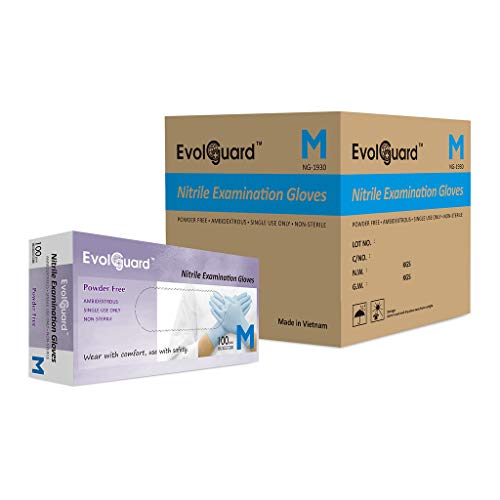 Evolguard  Nitrile Disposable Exam Gloves, Powder-Free, Latex-Free, Finger Textured, Disposable, Medium, Blue (Case of 1000) NG-1930-CS-M
