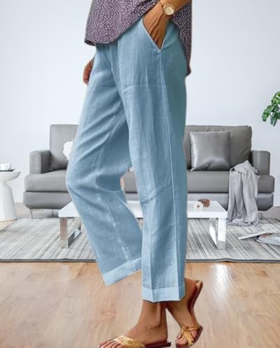 2025 New Women's Summer Linen-Cotton Pants Elastic Waist Straight Leg Cropped - Side Pocket Design3