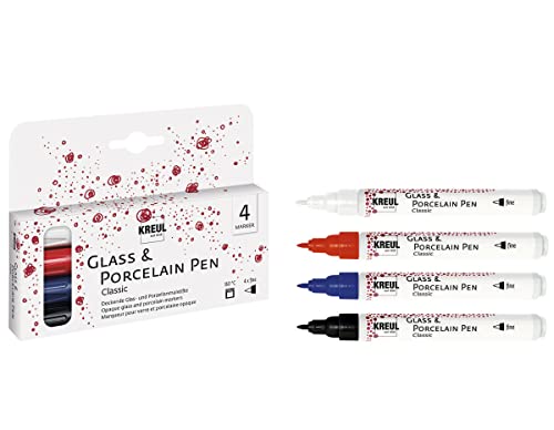 KREUL 16440 - Glass & Porcelain Pen Classic fine, 4 Farben im Set, formstabile Spitze, Strichstärke ca. 1 - 2 mm, deckende Glas- und Porzellanmalfarbe auf Wasserbasis