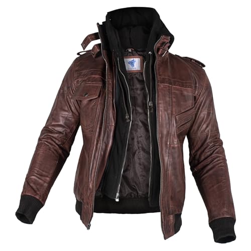 Image of Hooded Leather Jacket For Men | Bomber Leather Jacket Mens with Removable Hood