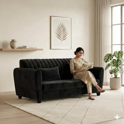 Image of Velvet 2 Seater Sofa, Chesterfield Tufted Sofa with Nailhead Trim, Rolled Arm Sofa with Wood Legs for Living Room & Office (Black)