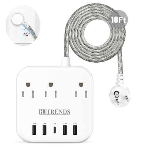 Protector contra sobretensiones MKSENSE con extensión de 3 tomas y 4 USB-A y 1 USB-C, cable de 3.05 m, enchufe plano girado 45° miniatura 1