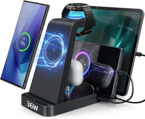 5 in 1 Samsung Charging Station, Android Wireless Charger for Samsung Galaxy S26 Ultra/S25/S24/S23/S22/S21, Chargers Stand for Galaxy Watch Ultra/7/6/5, Galaxy Buds 2/2 Pro, Black