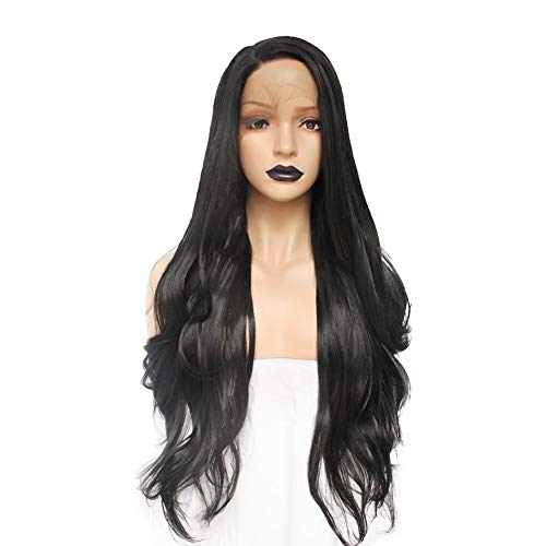 Anogol 26 inches Synthetic Body Wave Black Lace Front Wig Wavy Heat Resistant Fibers Hair
