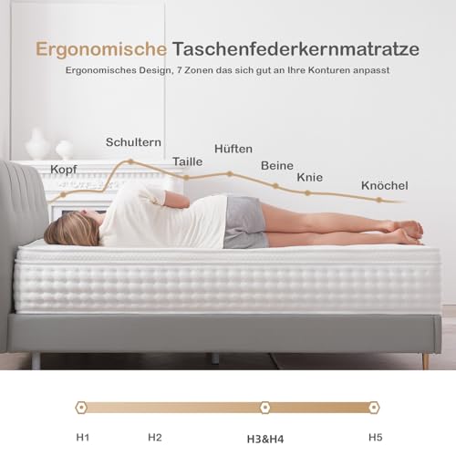 Hiepunos Matratze 140x200 cm 26cm Höhe 7-Zonen Federkernmatratze Orthopädische...