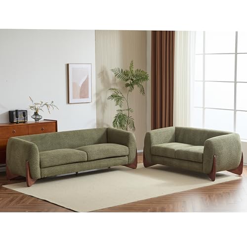 Image of Christopher Knight Home Almad 2 Pieces Sofa Couch Set, Cozy 3-Seater Sofa and Loveseat for Living Room, Upholstered Couch Chair, Soft Seating Lounge Sofa with Wood Frame, Boucle Fabric, Olive Green