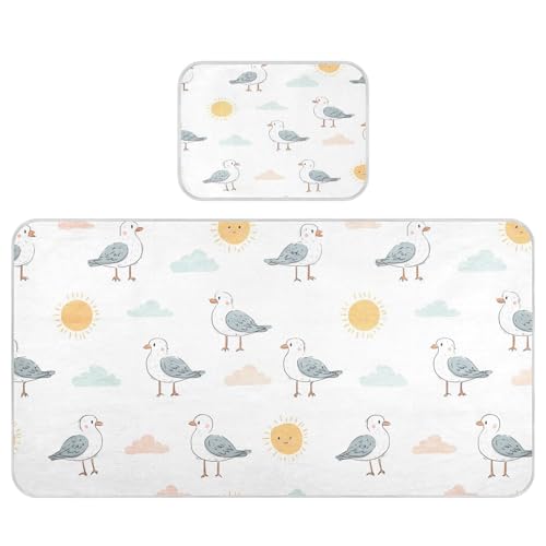 Bolaz Summer Sleeping Bed Pad, Seagull Cloud Sun Pattern Cooling Mattress Set Breathable Bed Mat Ice Silk Mat + Pillow Cover for Toddler Boys Girls