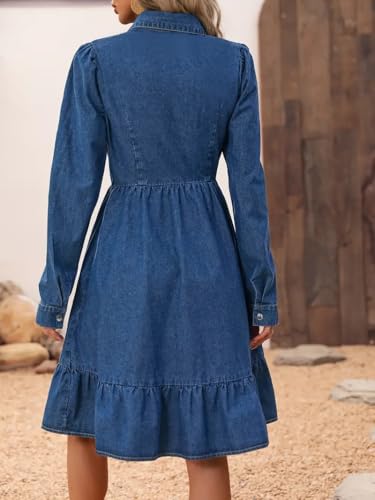 utcoco Women's Flowy Denim Dress 2025 Vacation Lapel Long Puff Sleeve Button Down A Line Swing Ruffle Jean Dress4