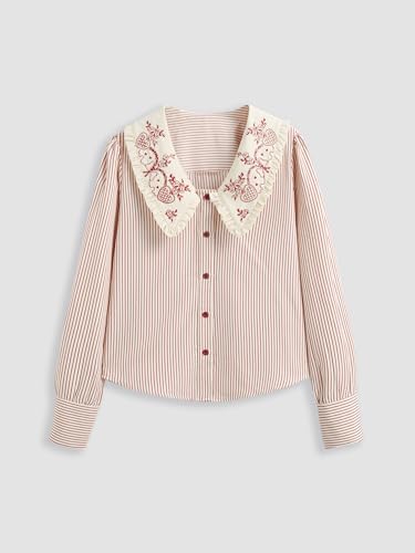 CIDER Shirts for Women Striped Embroidery Oversized Shirt Doll Collar Long Sleeve Blouse V Neck Woven Top4