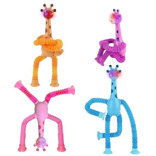 JAPSI Bendable Giraffe Suction Cup Toys with LED Light, Parent-Child Interactive Stretchy Animals, Pack of 2, Assorted Colours |