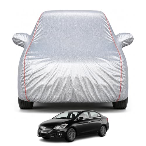 Image of Premium Car Cover for Maruti Suzuki Ciaz 2018-2026 Models | Waterproof, UV & Dust Protection | Mirror & Antenna Pocket | Triple Stitched, Soft Inner Lining, Belt & Buckle (Metalic Silver)