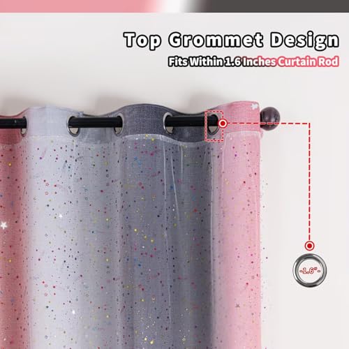 Image of 52x95 Mix & Match Double Layer Laser-Cut Stars Gradient Blackout Curtains with Foil Print Sheer, 2 Panels Set - Gradient Grey Pink
