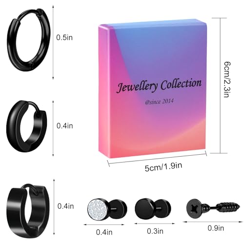 ONESING 12/18 Pcs Mens Earrings Black Earrings for Men Stainless Steel Earrings Piercing Jewelry Stud Hoop Punk Earrings Set2