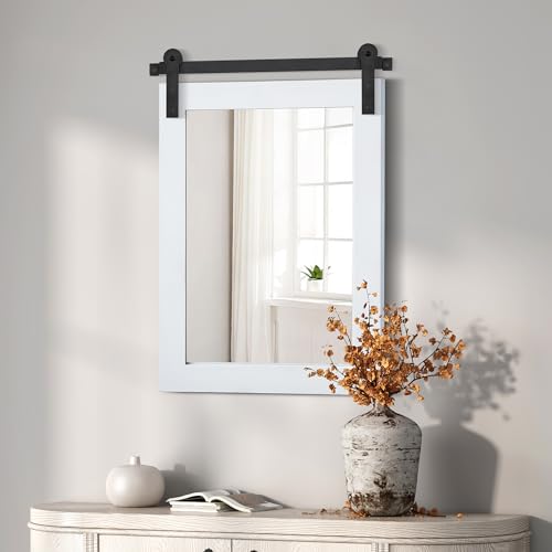 Image of COGOOD Farmhouse Barn Door Mirror - 22 x 30 Rustic Wood Framed Wall Mirror for Bathroom, Living Room, Entryway Wall Decor (Pure White)