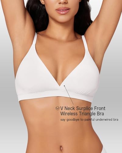 Image of Women's Triangle Bralette Removable Pads Unlined Bra Comfortable Deep V Neck Wireless Seamless Smoothing Bra Top White
