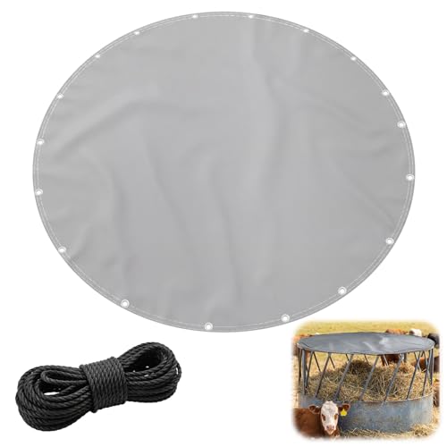 CrystalSylara 5.5ft Round Hay Bale Cover with 33ft Rope, Double Layer Waterproof Tarp for Ring Feeders, Reinforced Hemmed Edge, UV Resistant Tarpaulin, Fits Livestock Hay Feeders Outdoor
