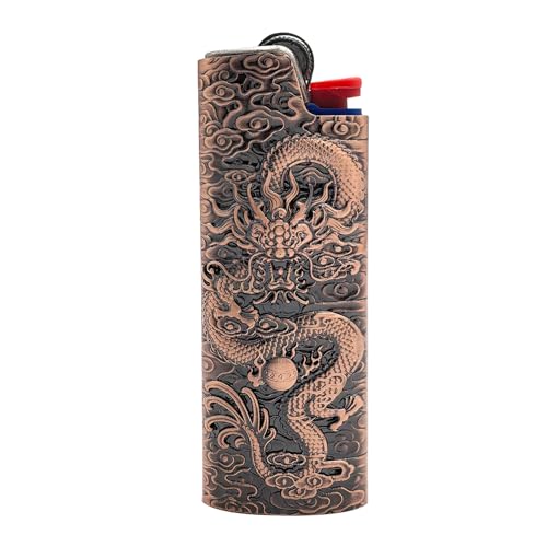 Lucklybestseller Metal Lighter Case Cover Holder Vintage Dragon Engraving for BIC Full Size Lighter J6 (Rose Gold)