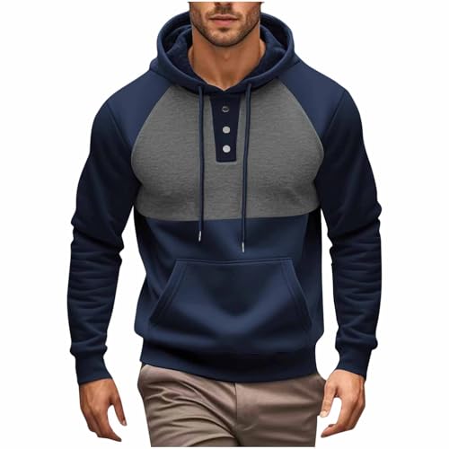 Hoodies for Men Half Button Long Sleeve Pullover Casual Colorblock Drawstring Hooded Sweatshirt with Pockets