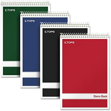 TOPS Steno Books, 6" x 9", Gregg Rule, Green Tint Paper, Assorted Color Covers, 80 Sheets, 4 Pack (80221)