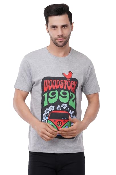 Image of ASTRAPE & BRONTE Men's Cotton Graphic Printed T-Shirt | Woodstock 1992 Design | Soft Breathable Half Sleeve Casual Tee