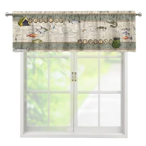 wlsgdsg Retro Farmhouse Fishing Valance Curtains for Kitchen, Rustic Cabin Fish Country Vintage...