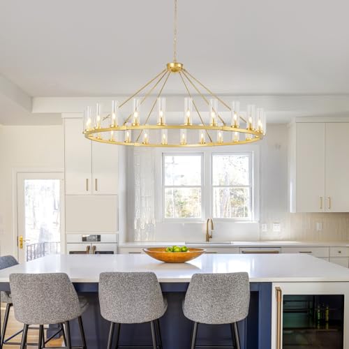 Image of 24 Light Large Wagon Wheel Chandelier with Clear Glass Shade Gold Round Pendant Light Farmhouse Industrial Chandeliers Dining Room Light Fixture for Stair Living Room Foyer Kitchen