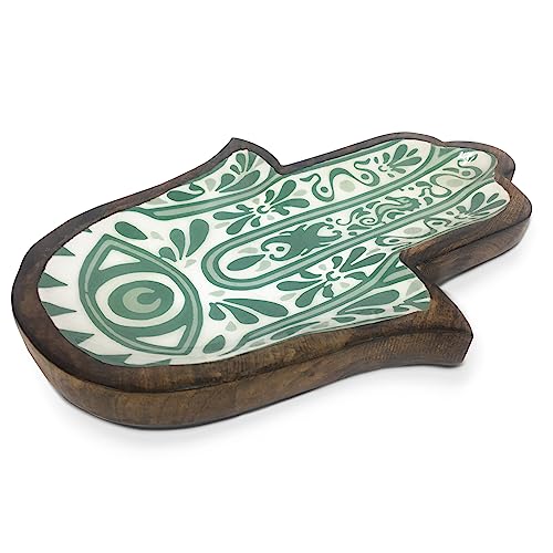 TIENDA EURASIA - Vaciabolsillos Mano de Fátima, Madera, 30x20x3,5cm, Bandeja Vaciabolsillos Mano de Fatima, Mano de Fatima, Bandeja para Llaves, Bandeja Vaciabolsillos para Recibidor (Verde Claro)