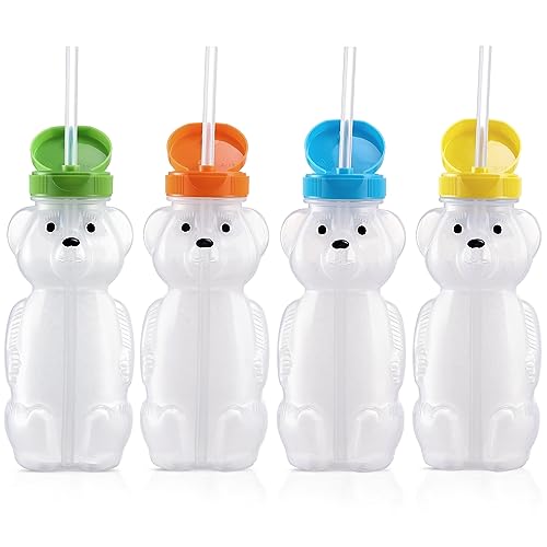 Image of 4 Pack Honey Bear Straw Cups for Babies with 8 Flexible Straws & Cleaning Tools(2 Straw Brushes &1 Bottle Brush), 8 OZ Therapy Sippy Bottles for Speech and Feeding Training, Food-Grade & BPA Free