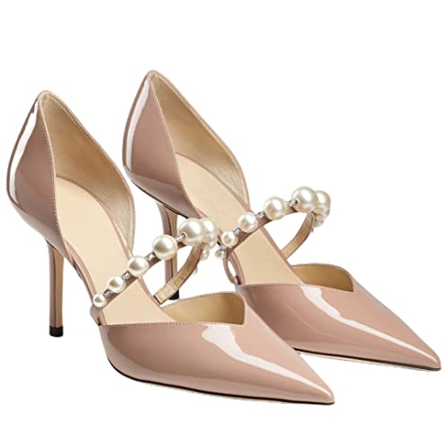 Women's Pointed Toe High Heels Pearl Embellished Strap Pumps Close Toe Stiletto Heeled Pumps for Wedding Party Dress Office2