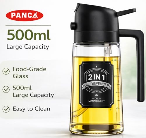 Image of PANCA Oil Sprayer Bottle for Cooking with Pour Spout | Glass Oil Dispenser 500ml 2-in-1 Spray & Pour Design | For Air Fryer, Dosa Tawa, Salad, Kitchen Cooking (Black)
