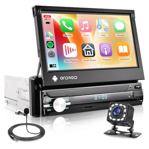 Hodozzy Android Radio Coche 1 DIN con Carplay Inalámbrico Android Auto Pantalla Táctil Extraible 7 Pulgadas Autoradio Bluetooth 1Din con GPS WiFi Estéreo Coche FM/RDS Radio+Cámara Trasera