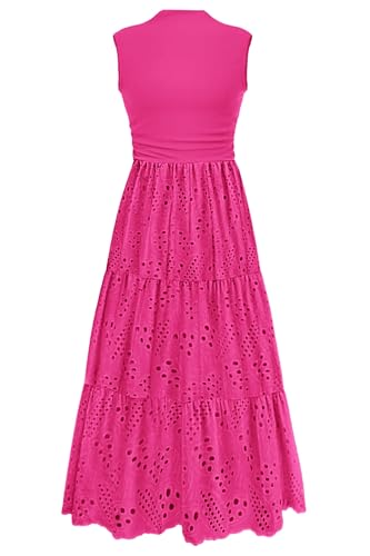 Image of PRETTYGARDEN Summer Dresses for Women 2026 Casual Eyelet Sleeveless Wedding Guest Maxi Dress Tank Top Sundress with Pockets