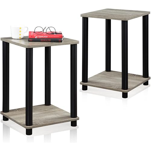 Image of Furinno Turn-N-Tube Toolless Assembly Side Table Set of 2, Stackable 2-Tier Grey End Table with Open Shelf, Night Stand, Bedside Table, for Living Room, Bedroom, Grey Oak