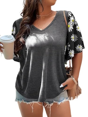 HDLTE Women Plus Size Tops Bell Sleeves Floral Print Shirt Casual Plus Size Blouse (Grey, 3X)