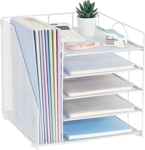 Desk Organizer with File Holder, Organisateur et Accessoire de Bureau, 5-Tier Paper Letter Tray, Mesh Desktop File Organizers, Organization and Storage for School, Home, Office (Wh image 3
