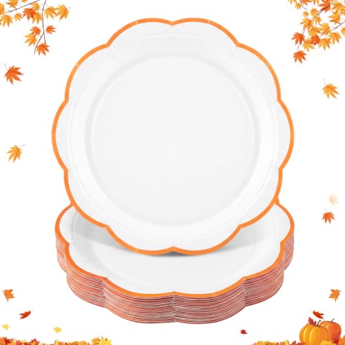 Image of 30 Pcs Orange and White Paper Plates, 7 In Scalloped Fall Plates Disposable