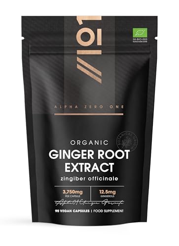 Organic Ginger Extract 3750mg Standardised 5% Gingerols (12.5mg) - 90 Vegan Capsules (3 Months Supply) Resealable and Recyclable Pouch by Alpha01