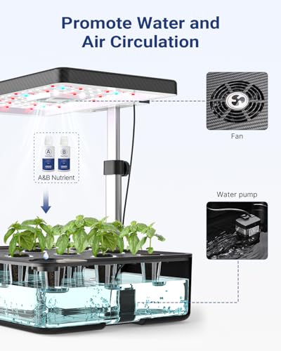 iDOO Hydroponics Growing System Kit 12Pods, Birthday Gifts for Mom Women, Herb Garden Indoor with LED Grow Light for Home School, Built-in Fan, Auto-Timer, Adjustable Height Up to 11.3", 12Pods-Black