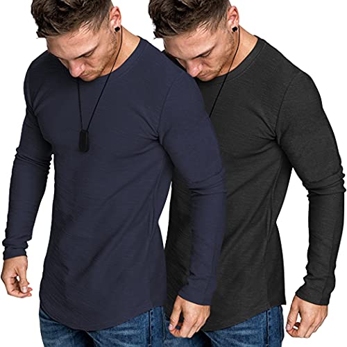 Coofandy Mens Fitted Gym T Shirt Casual Basic Active Fitness Long Sleeve Tee Top Black/Navy Blue #TOP16