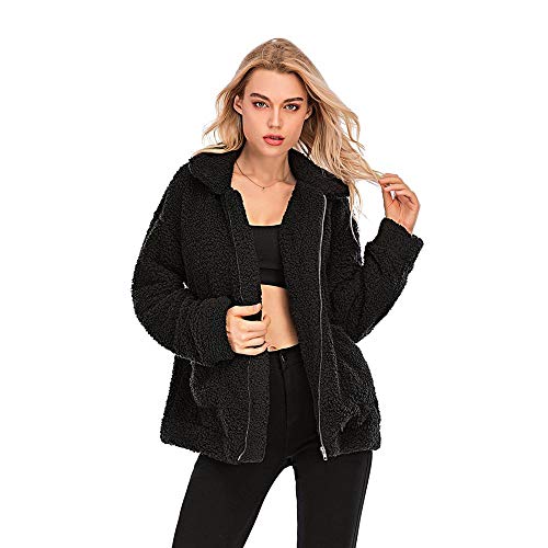 Faux Shearling Jacket Women, Casual Fleece Lapel Open Front Oversized Coat Faux Fur Warm Winter Outwear Jackets with Pockets (Black,XXXL)