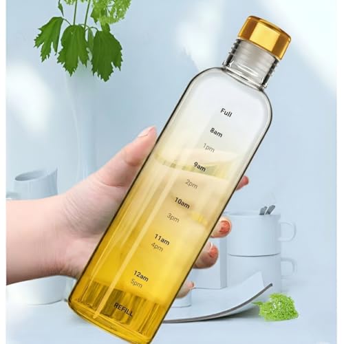 Image of Glass Water Bottle for Adults, Student Direct Drinking Freezer Safe, Leak Proof, Gym Travel On-The-Go Hotel-Style Design Borosilicate Glass Water Bottle With Time Marker (Yellow)