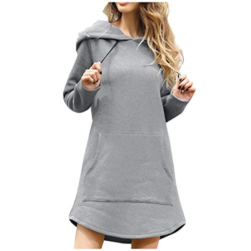 WUAI-Women Casual Hoodie Dress Long Sleeve Hooded Sweatshirt Long Tunic Tops Pullover Dresses with Pockets(Grey,Large)