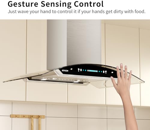 IKTCH Upgrated 36\"Island Mount Range Hood,900 CFM Ducted Range Hood with 4 Speed Fan,Stainless Steel& Tempered Glass Range Hood 36 inch with Gesture Sensing&Touch Control Making life Smarter IKIS01-36