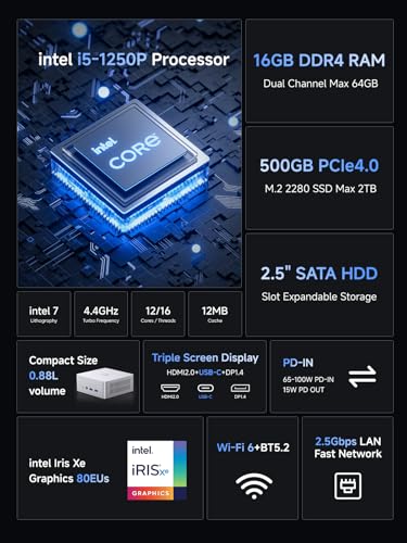 Image of MINISFORUM UN1250 Mini PC Intel Core i5-1250P 12C /16T 16GB DDR4 500GB PCIe4.0 SSD, HDMI2.0 /USB Type-C /DisplayPort1.4 Triple Outputs, 2.5G LAN, WiFi 6, 5X USB Port, Mini Desktop Computers Auto Power On
