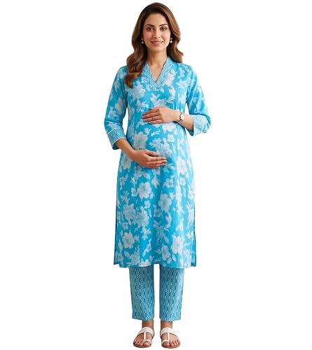 Image of DUMMY SHAPE Feeding Kurtis for Women Cotton Blend | Floral Kurta Pant Dupatta Set with Nursing Zippers to Pre & Post Partum | Maternity Dresses | Mom to Be Gifts for Pregnant Woman